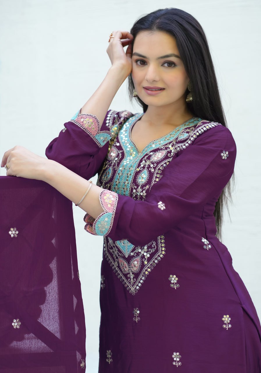 Wine Designer Embroidered Chinon Suit With Sequence Work