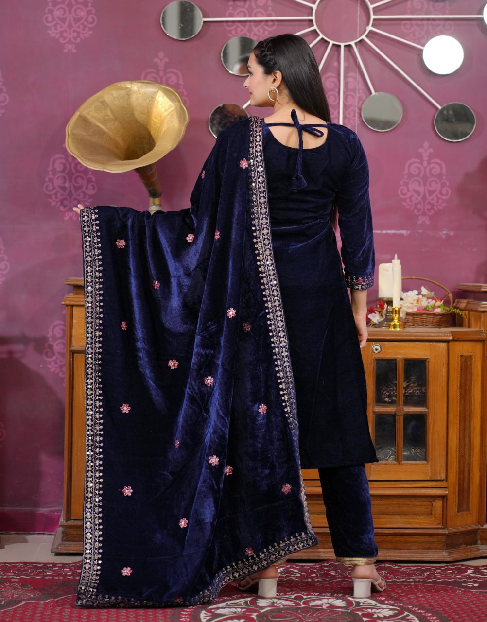 Navy Blue Velvet Readymade Pant Style Suit