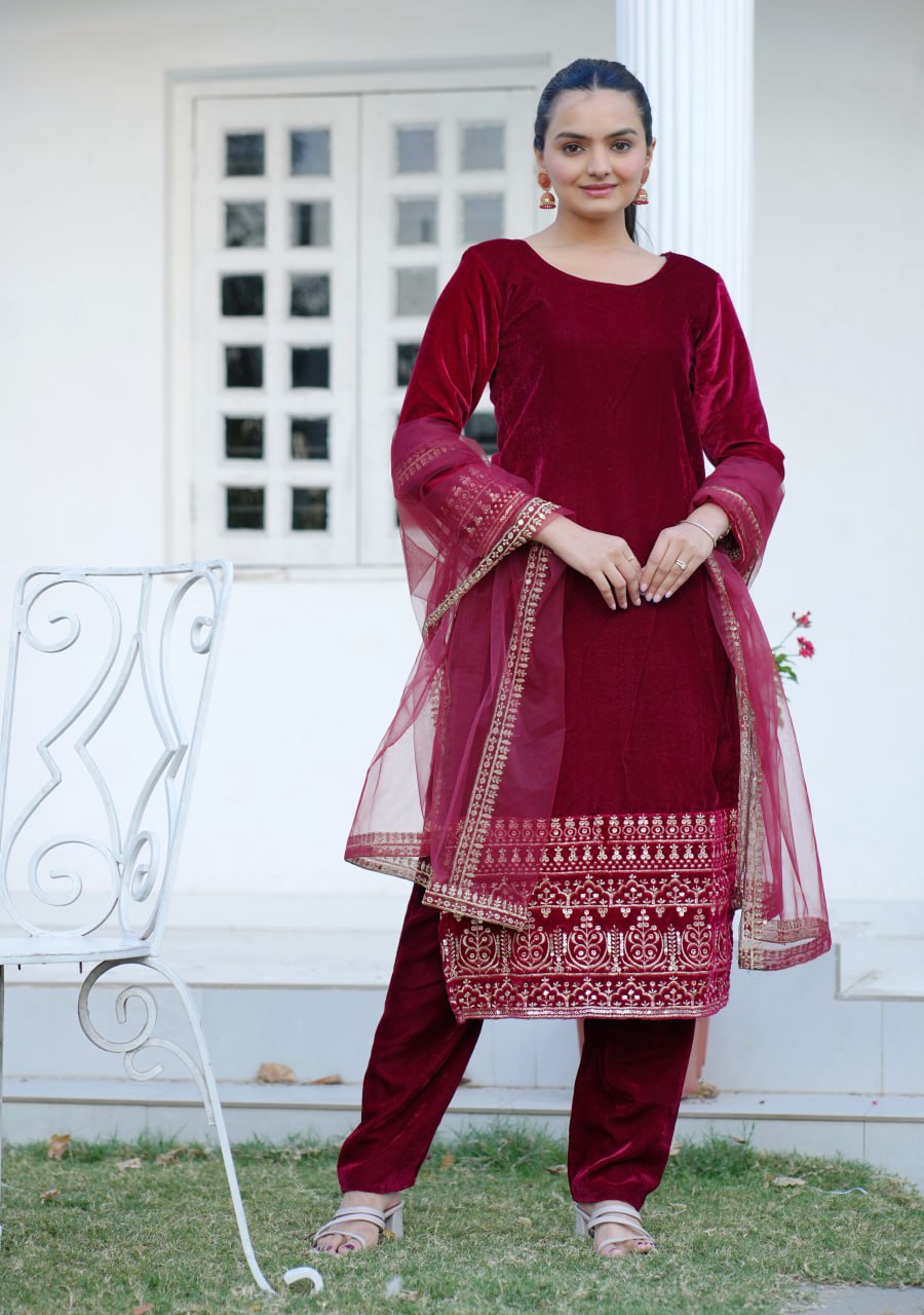 Velvet Salwar Suit In Maroon