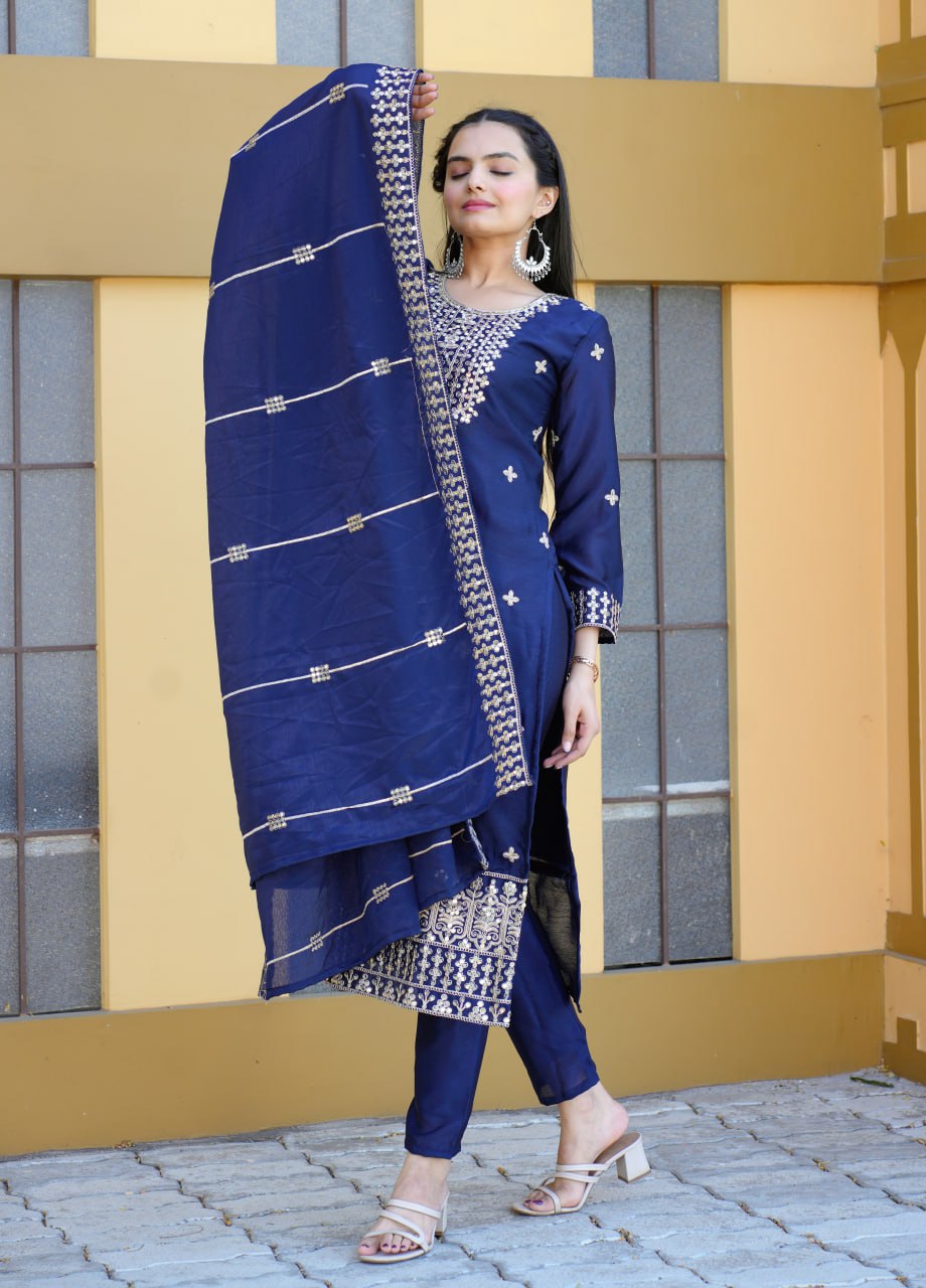 Teal Chiffon Embroidered and Resham Work Pant Style Suit for Ceremonial