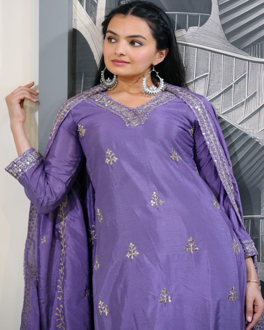 Lavender Embroidered Straight Kurta Suit Set