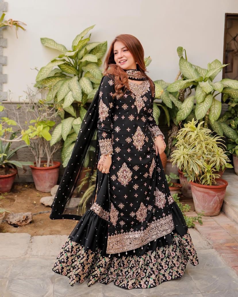 Exquisite Black Georgette Long Kurti with Embroidered Sharara & Dupatta