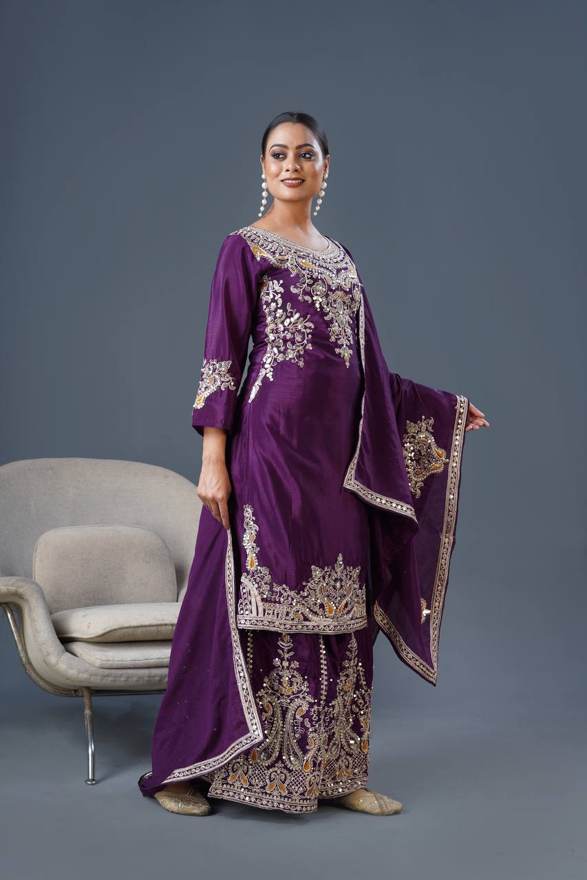 Purple Color Top Palazzo Suit With Dupatta in Chinon With Sequence Embroidery