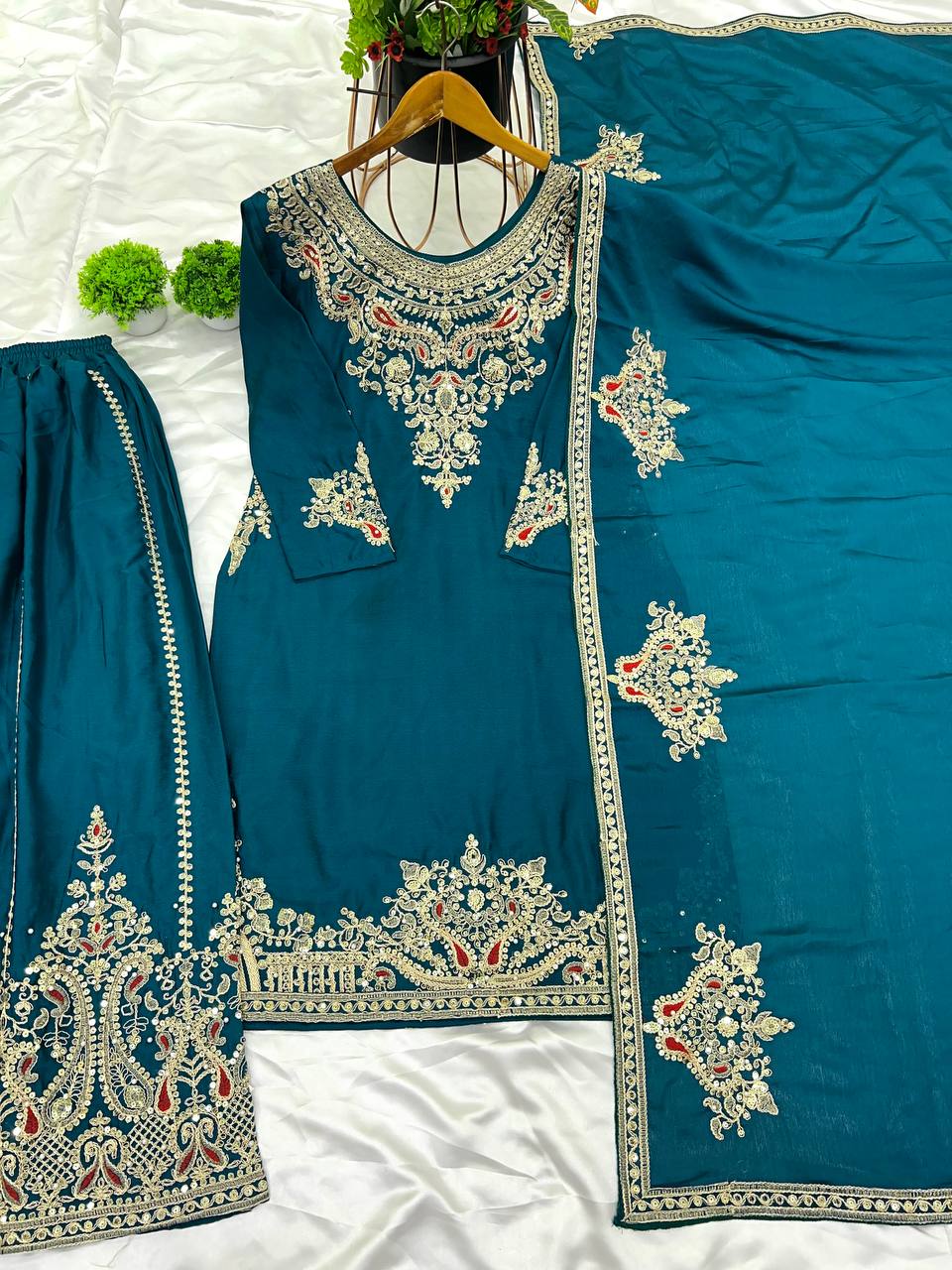 Firozi Color Top Palazzo Suit With Dupatta in Chinon With Sequence Embroidery