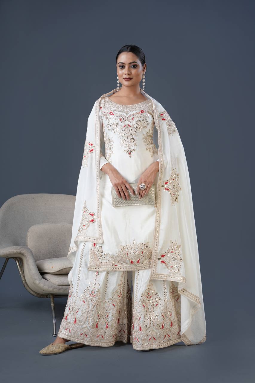 White Color Top Palazzo Suit With Dupatta in Chinon With Sequence Embroidery