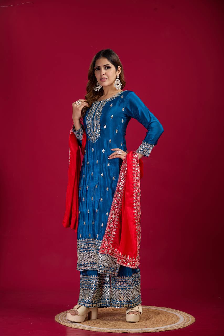 Blue-Red Chinnon Silk Embroidered Top-Bottom And Dupatta Set Fully Stitched Ready To Wear