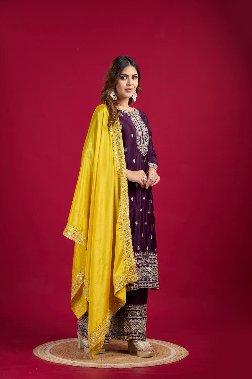 Wine-Yellow Chinnon Silk Embroidered Top-Bottom And Dupatta Set Fully Stitched Ready To Wear
