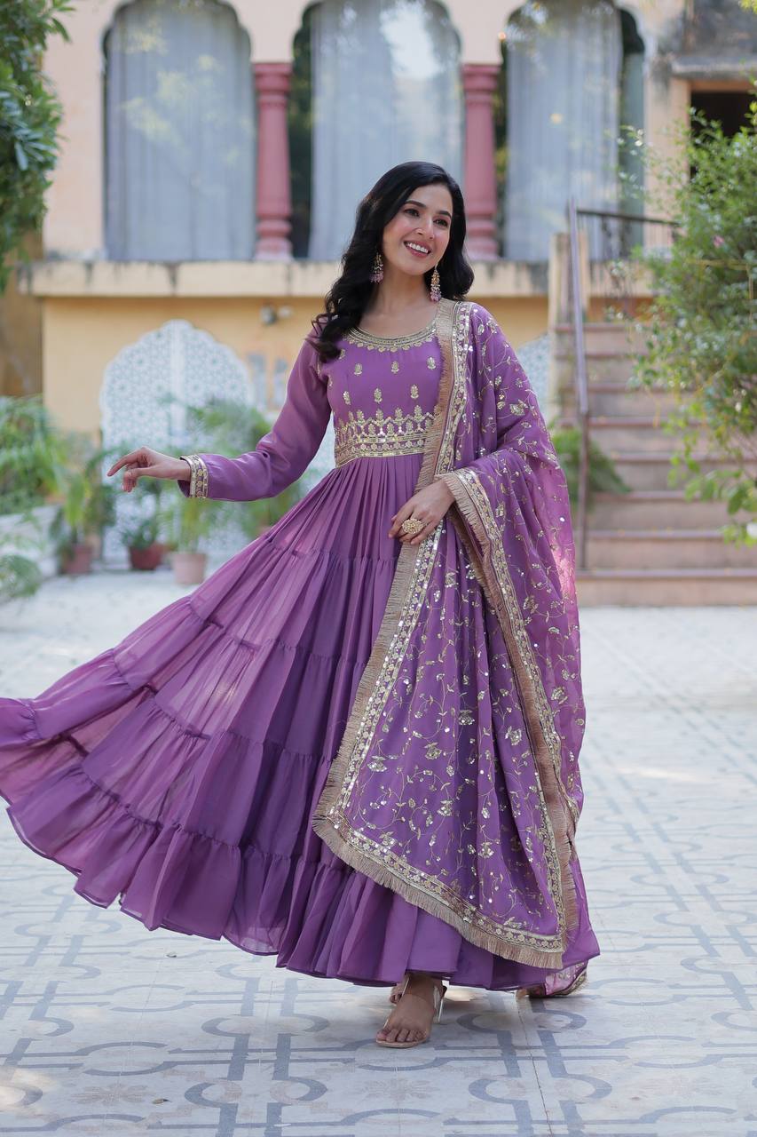 Purple Readymade Anarkali Suit In Ruffle Style