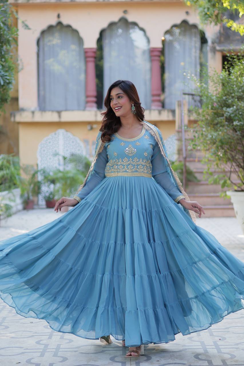 Sky Blue Georgette Readymade Suit With Dupatta