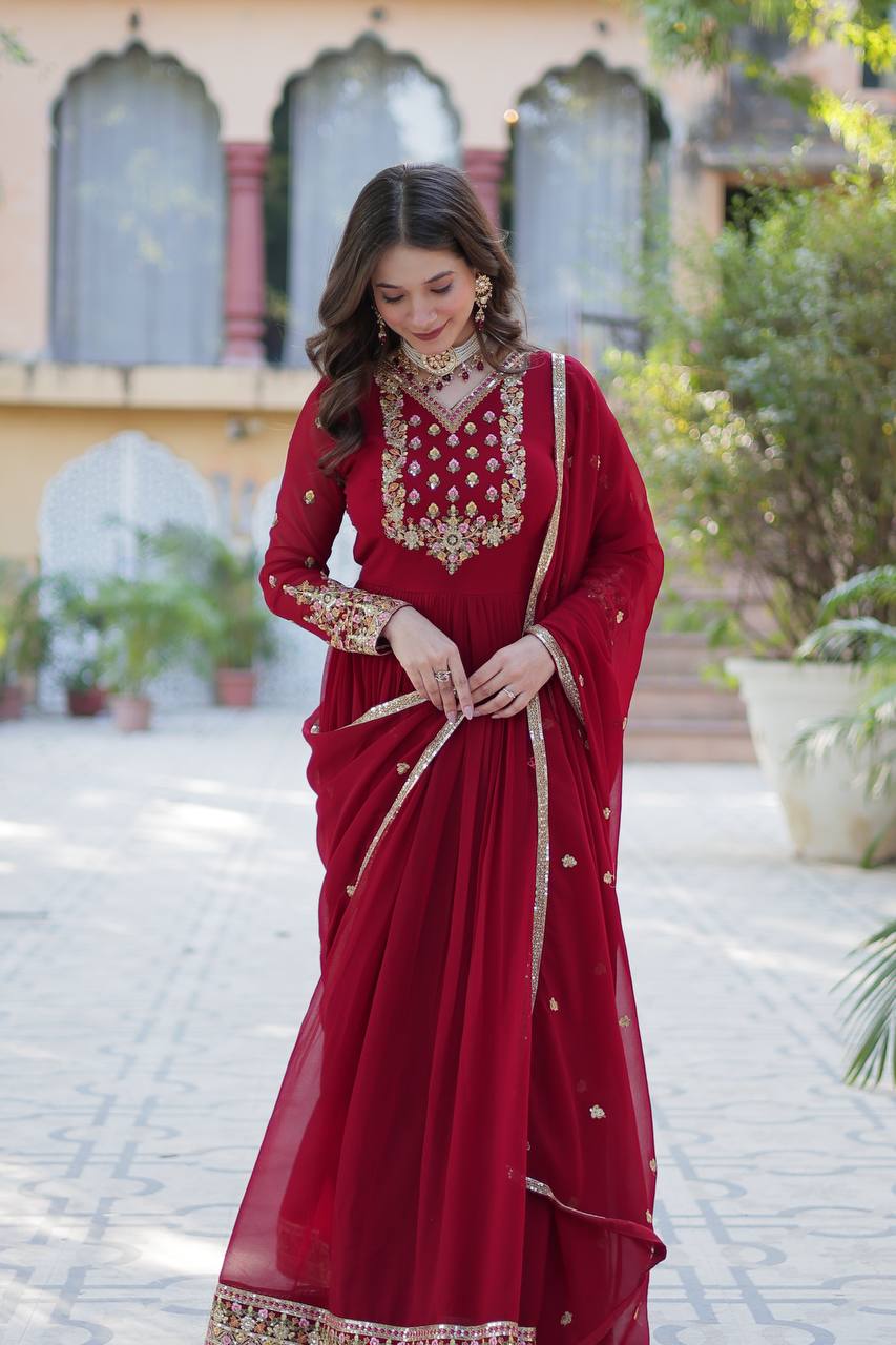 Classic Maroon Georgette With Sequins Embroidered Anarkali Suit