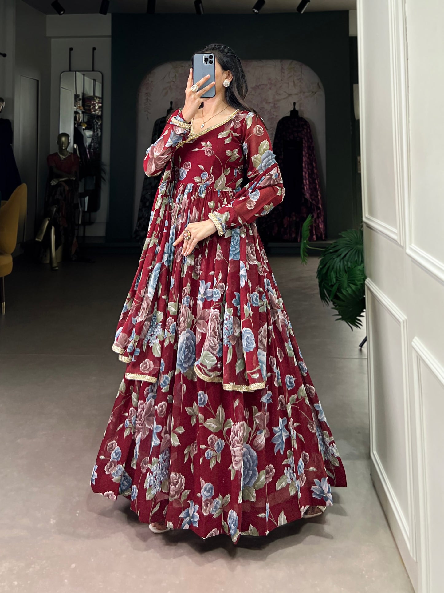 Maroon Sculpted Beauty Floral Print Marbel Gown with Lace Touch-Up Dupatta