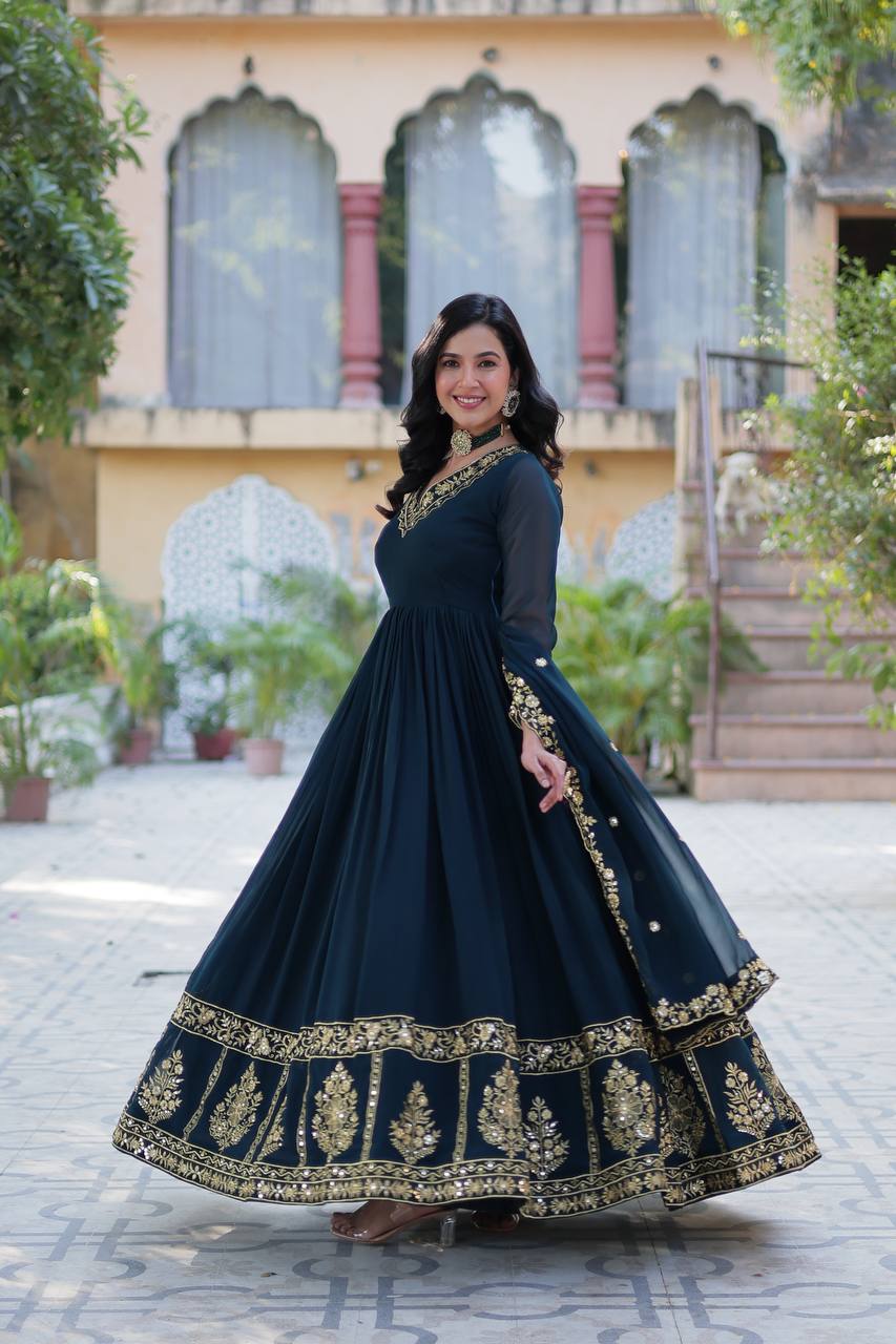 Rama Elegant Faux Blooming Embroidered Gown with Dupatta