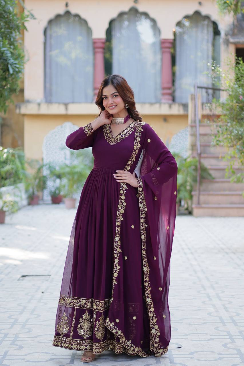 Dark Purple Elegant Faux Blooming Embroidered Gown with Dupatta