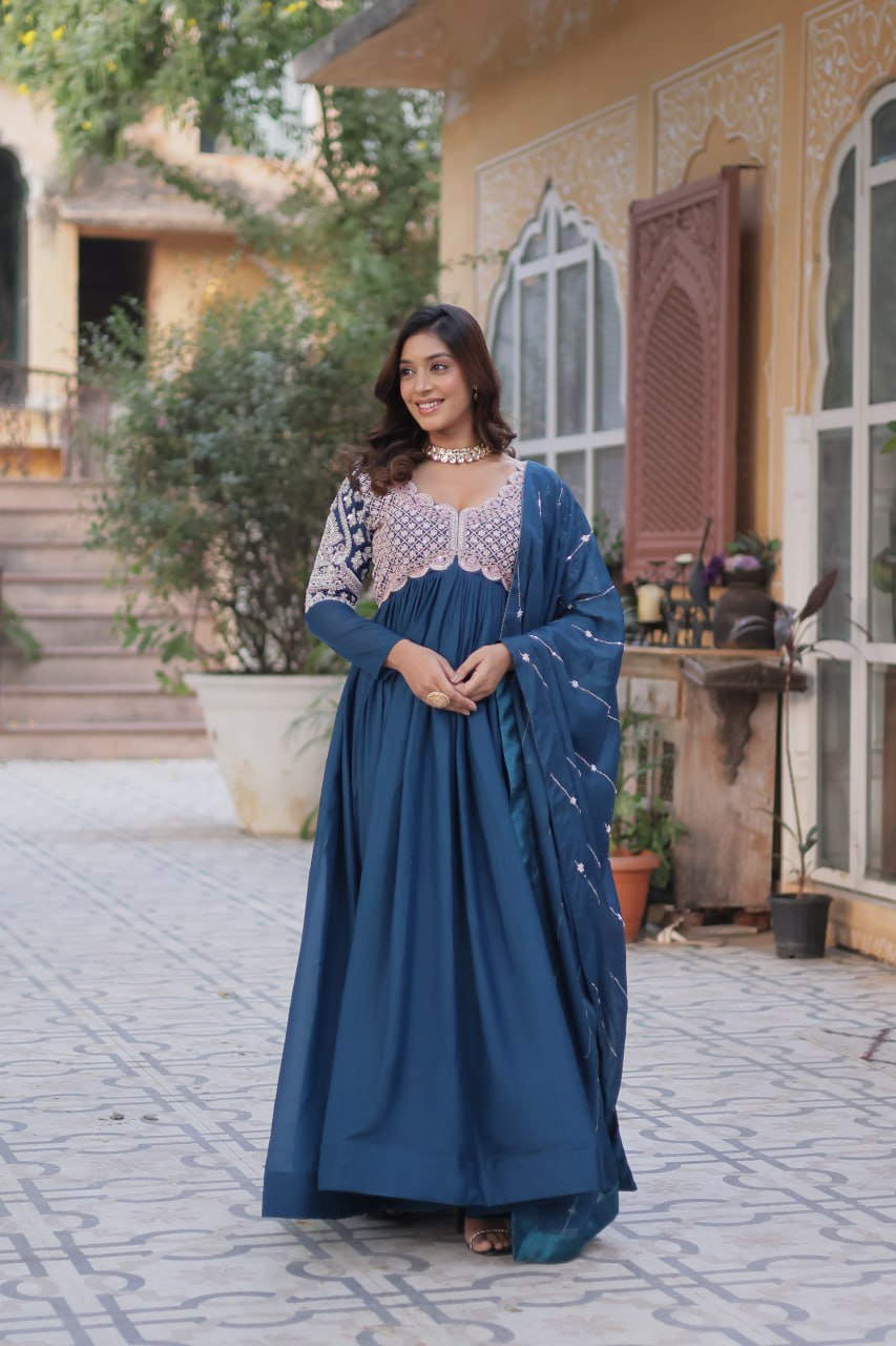 Attractive Blue Sequins Georgette Anarkali Gown With Dupatta