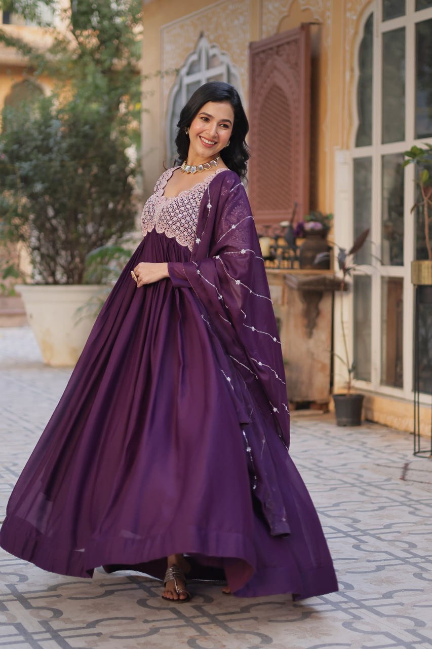 Adorable Wine Sequins Georgette Festival Wear Anarkali Gown
