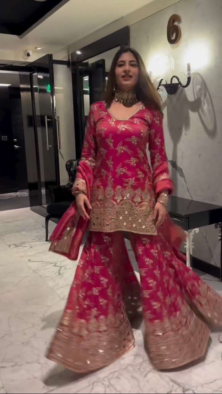Luxury Simmer Silk Sharara Set with Real Mirror, Thread & Sequins Embroidery – Festive & Partywear