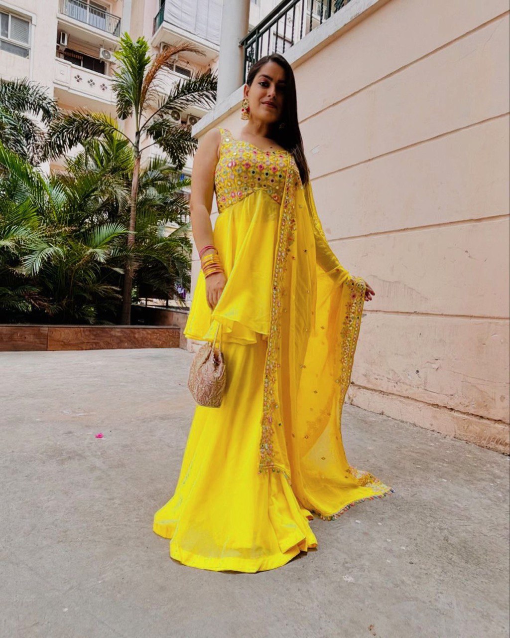 Designer Yellow Faux Georgette Plazo Set with 9mm Sequins Work – Festive & Partywear Outfit