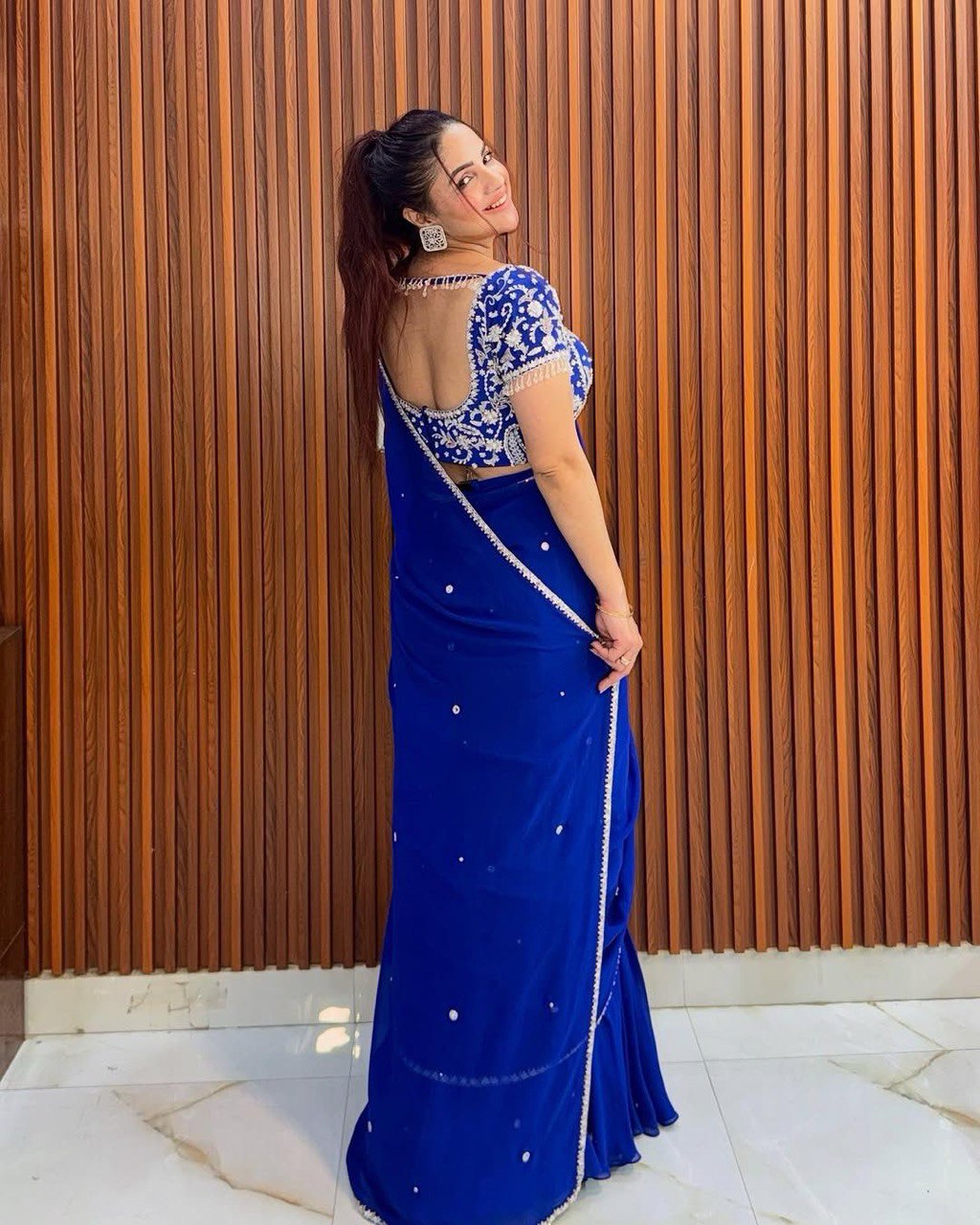 Ruffle Style Blue Lehenga Saree in Faux Georgette with Sequins & Thread Work – Ready to Wear Ethnic Outfit
