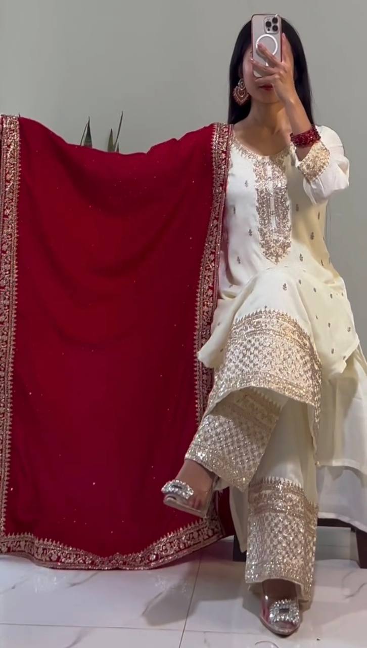 White Chinnon Silk Embroidered Top-Bottom And Dupatta Set Fully Stitched Ready To Wear