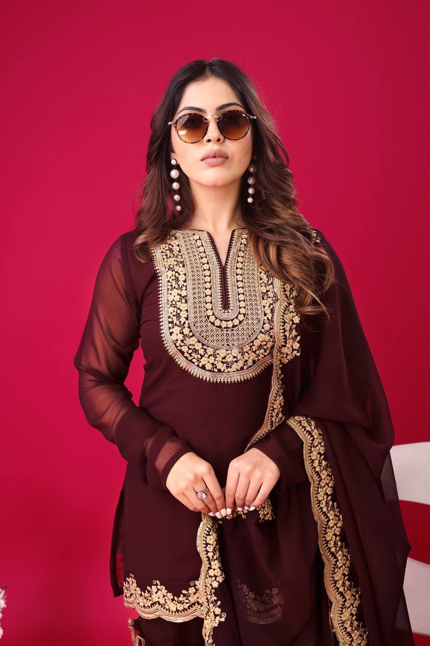Rich Maroon Blooming Faux Georgette Embroidered Suit with Sequence & Thread Work – Fully Stitched