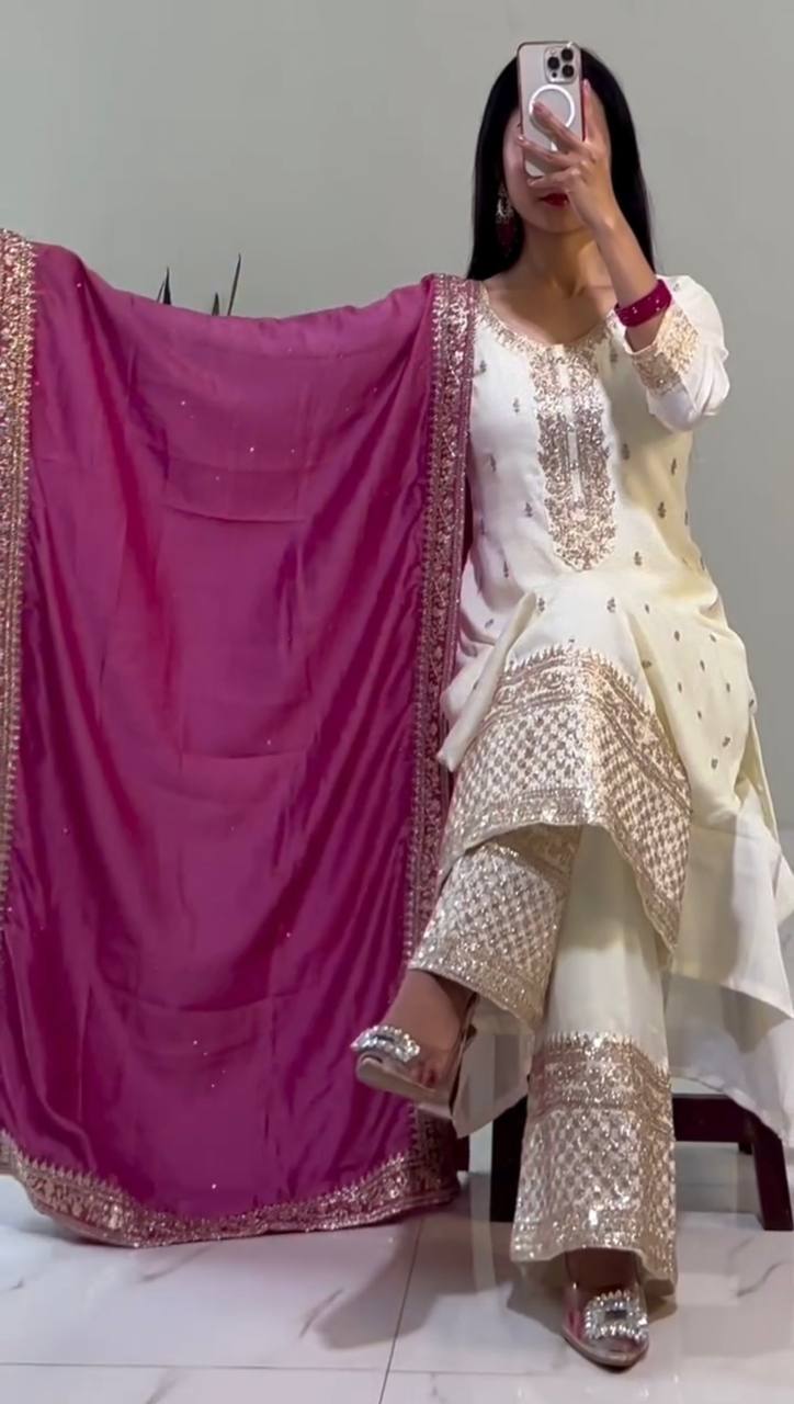 White-Rani Pink Chinnon Silk Embroidered Top-Bottom And Dupatta Set Fully Stitched Ready To Wear (Copy)