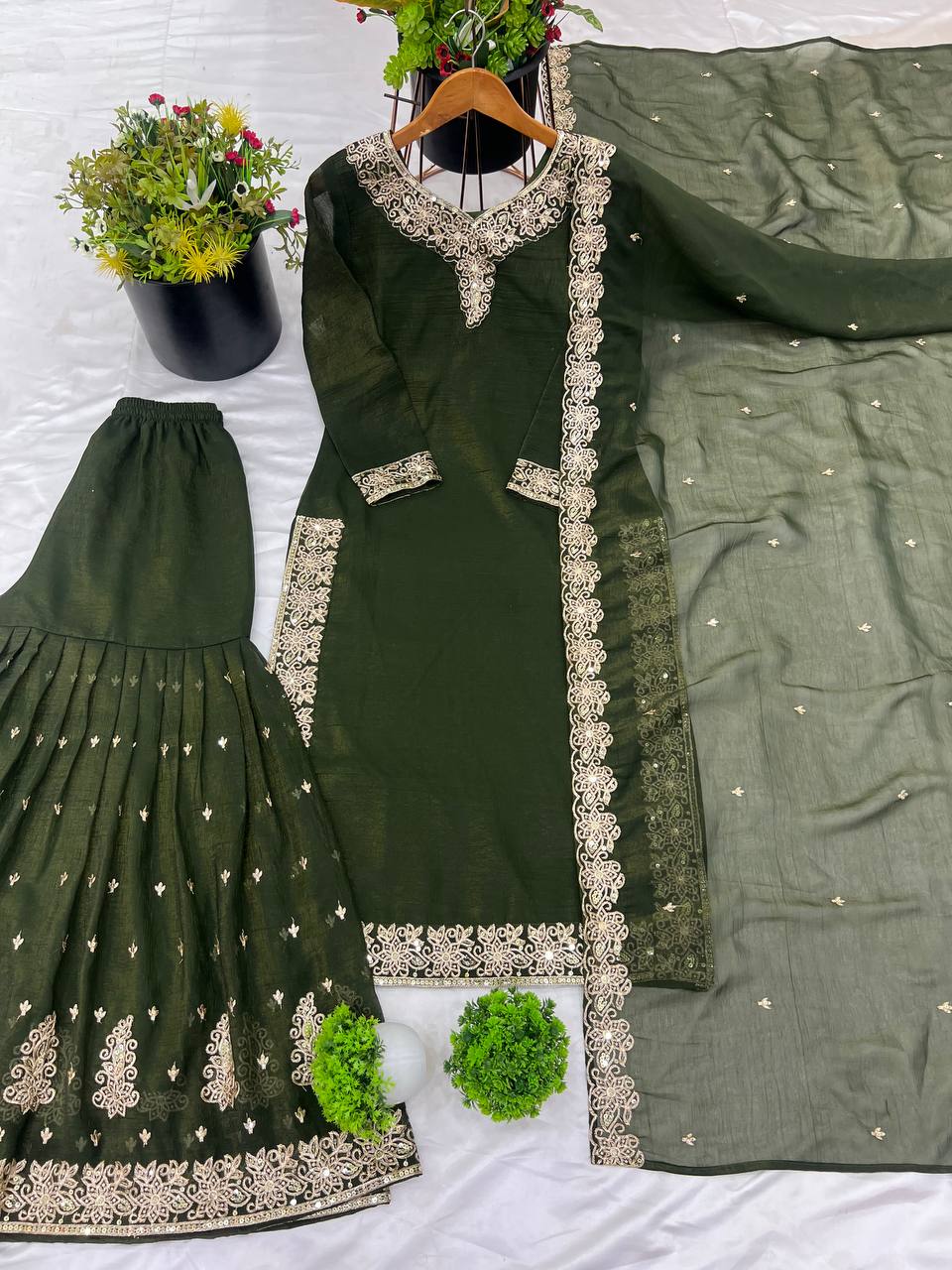Elegant Green Heavy Crunchy Silk Sharara Suit with Embroidery Sequence Work | Fully Stitched Designer Ethnic Wear for Women