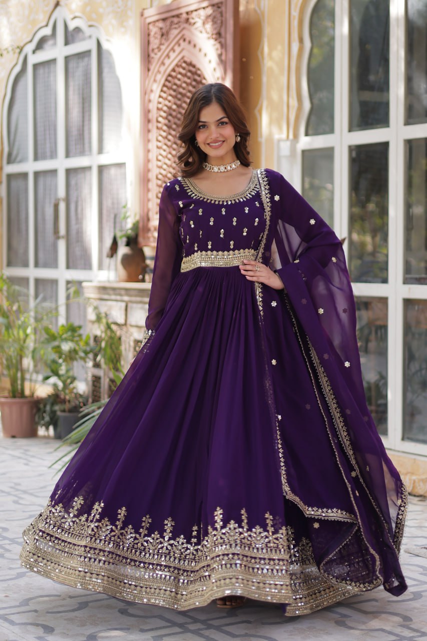 Purple Faux Blooming Gown with Zari Sequins Embroidery & Dupatta | Fully Stitched Elegant Ethnic Wear for Weddings & Festive Occasions