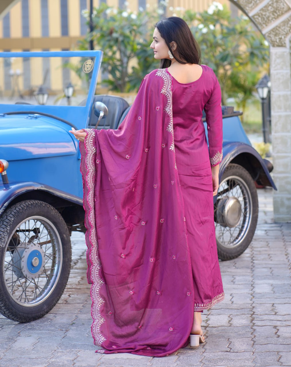 Elegant Purple Chinon Embroidered Gown Set with Coding Sequence Work & Dupatta