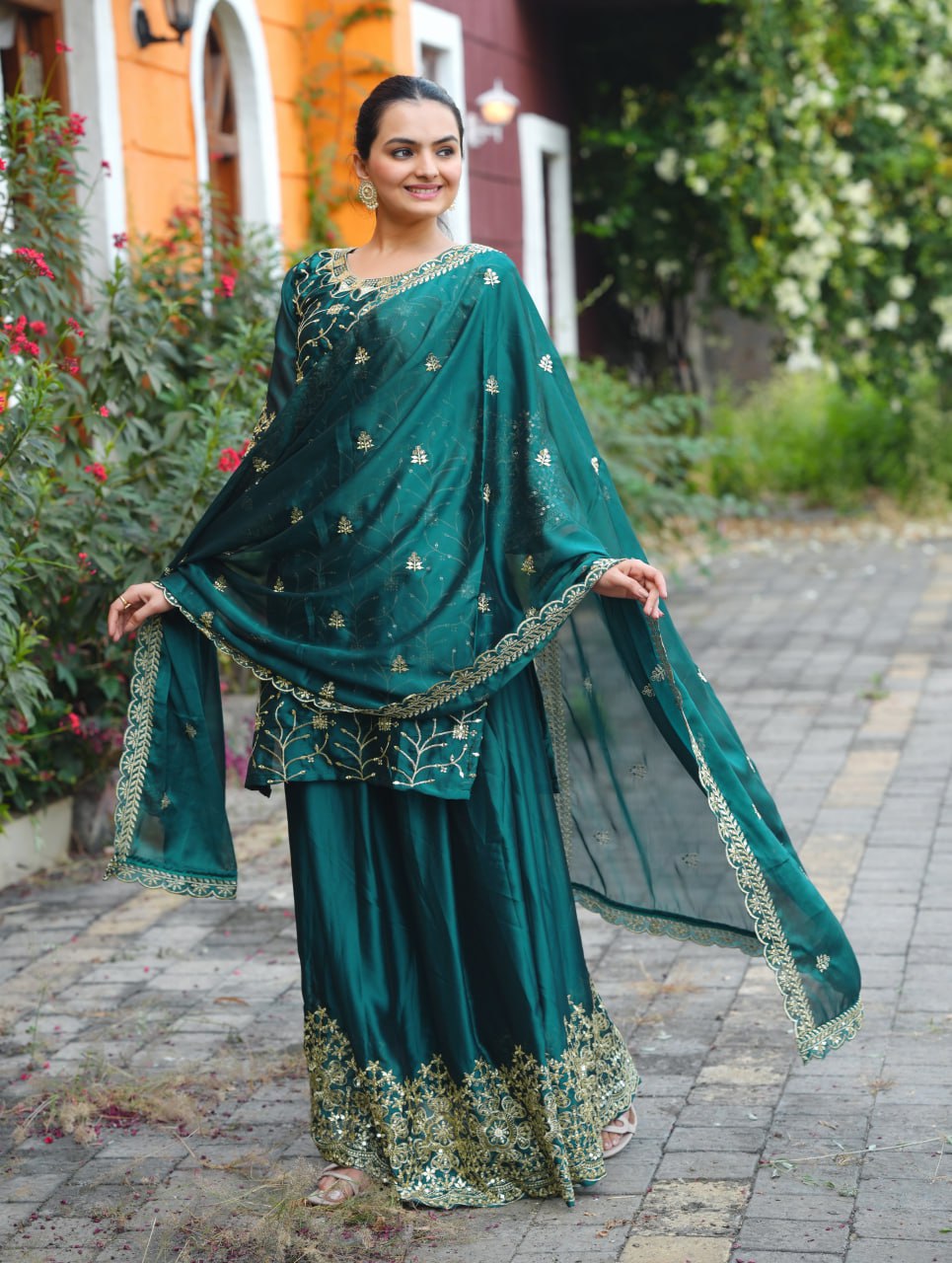 Emerald Green Rangoli Lehenga Suit with Embroidery Sequence Work | Elegant Festive Wear