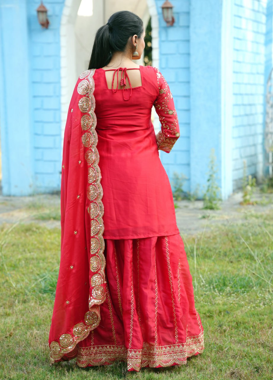 Red Rangoli Lehenga Suit with Embroidery Sequence Work | Elegant Festive Wear