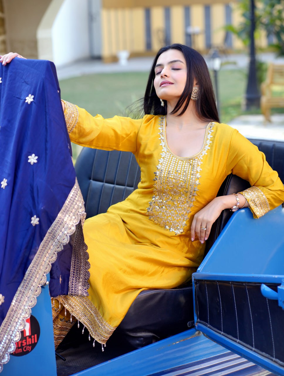Mustard Yellow Chinon Suit with Heavy Embroidery & Navy Blue Dupatta | Elegant Festive Wear