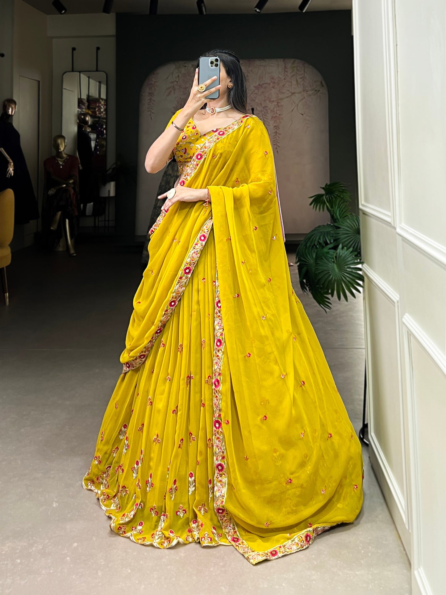 Mustard Yellow Embroidered Georgette Lehenga Set | Elegant Bridal & Festive Wear