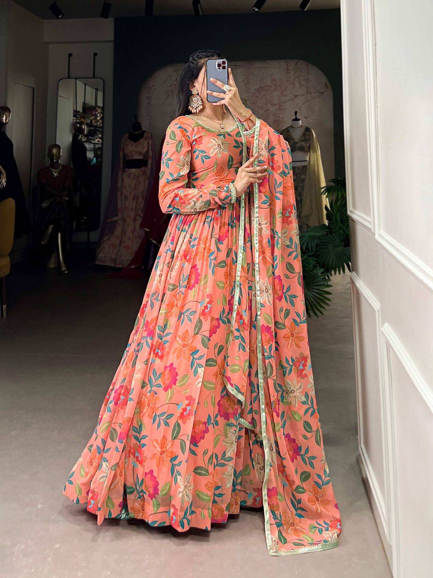 Peach Floral Print Georgette Gown Set | Elegant Festive & Party Wear