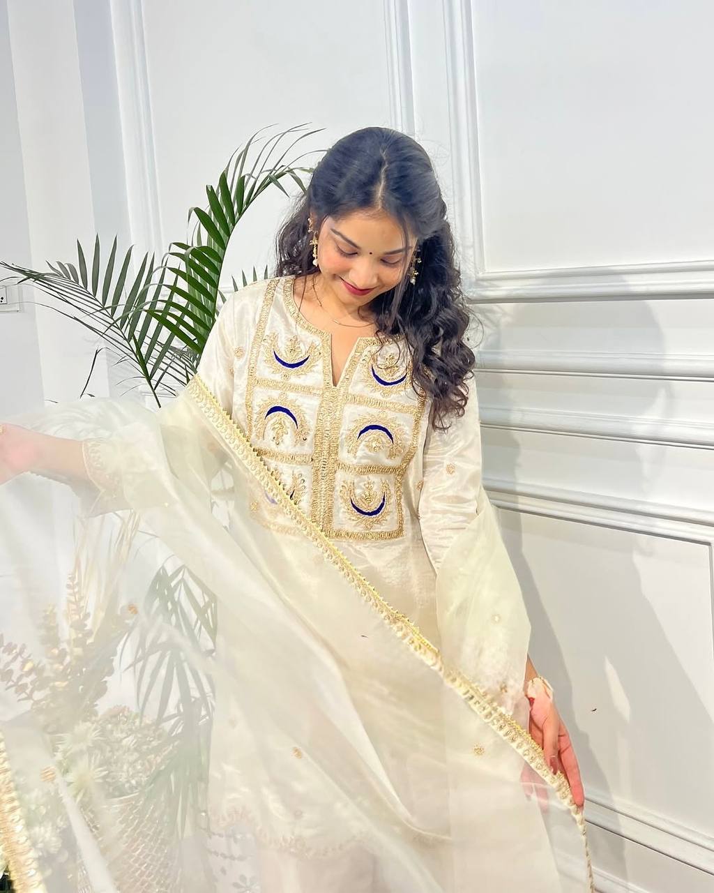 Graceful Off-White Vichitra Silk Suit Set | Festive & Wedding Wear
