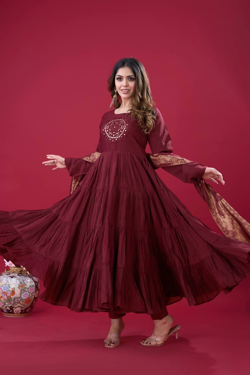 Elegant Maroon Roman Silk Gown Set | Festive & Wedding Wear