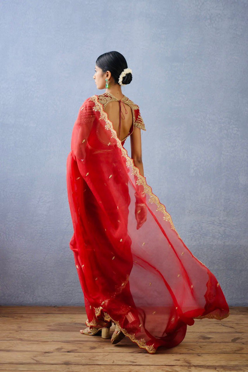 Designer Organza Silk Red Saree with Thread & Sequence Work