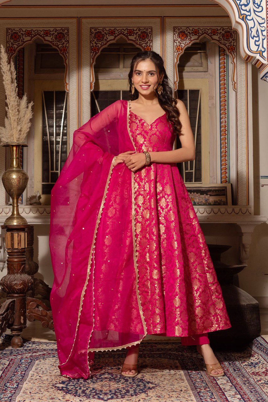 Radiant Pink Jacquard Silk Anarkali Set | Festive & Wedding Wear