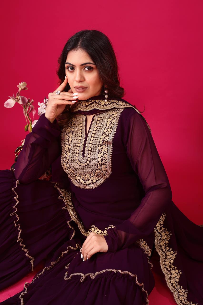 Blooming Faux Georgette Embroidered Co-Ord Set with Plazzo and Dupatta – Ready-to-Wear Indian Outfit for Women