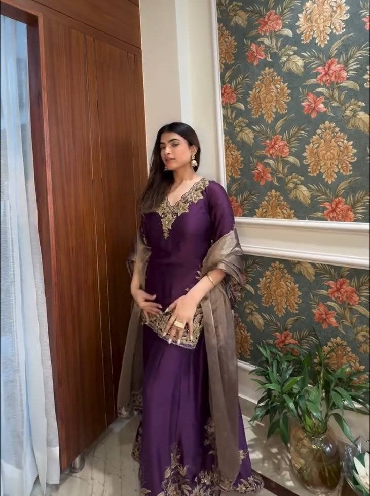 Pure Chinnon Silk Embroidered Co-Ord Set with Plazzo and Jimmy Choo Dupatta – Ready-to-Wear Ethnic Outfit for Women