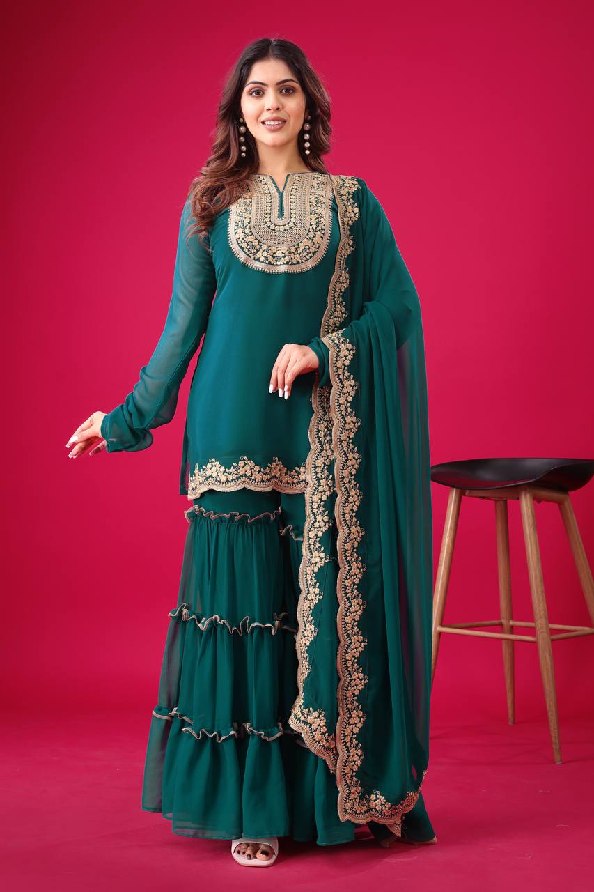 Blooming Faux Georgette Embroidered Co-Ord Set with Plazzo and Dupatta – Fully Stitched Ethnic Outfit for Women