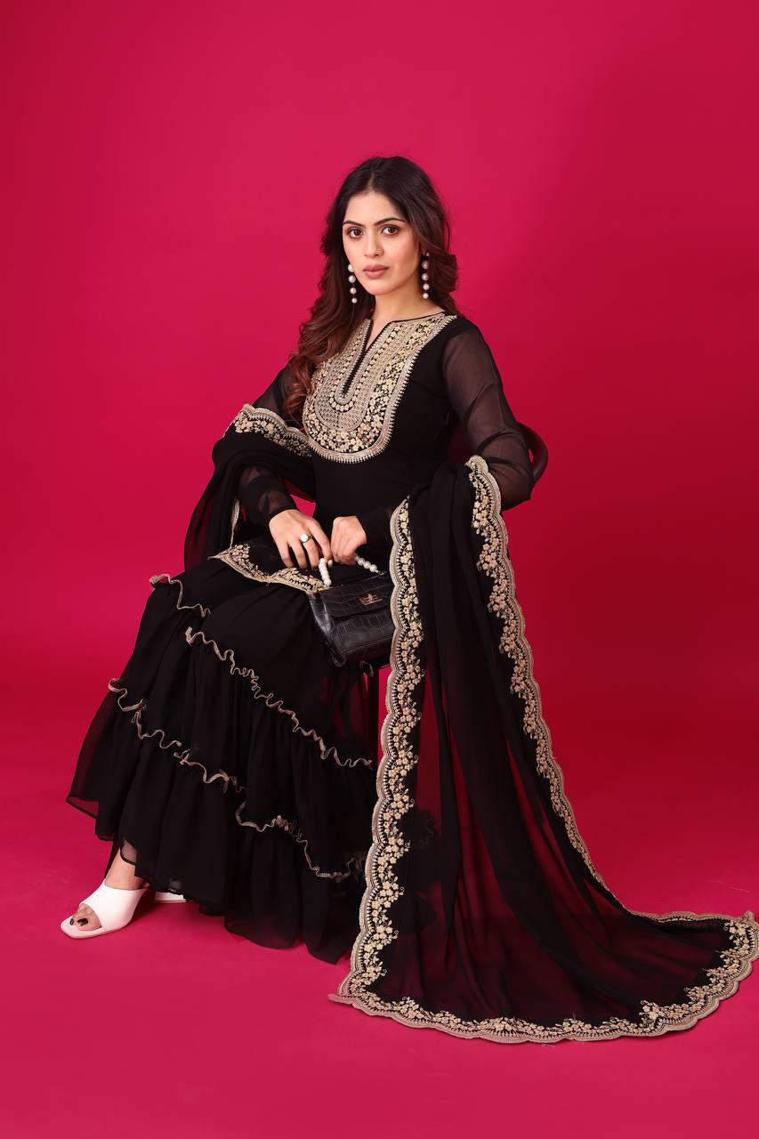 Blooming Faux Georgette Embroidered Co-Ord Set with Plazzo and Dupatta – Fully Stitched Ethnic Outfit for Women