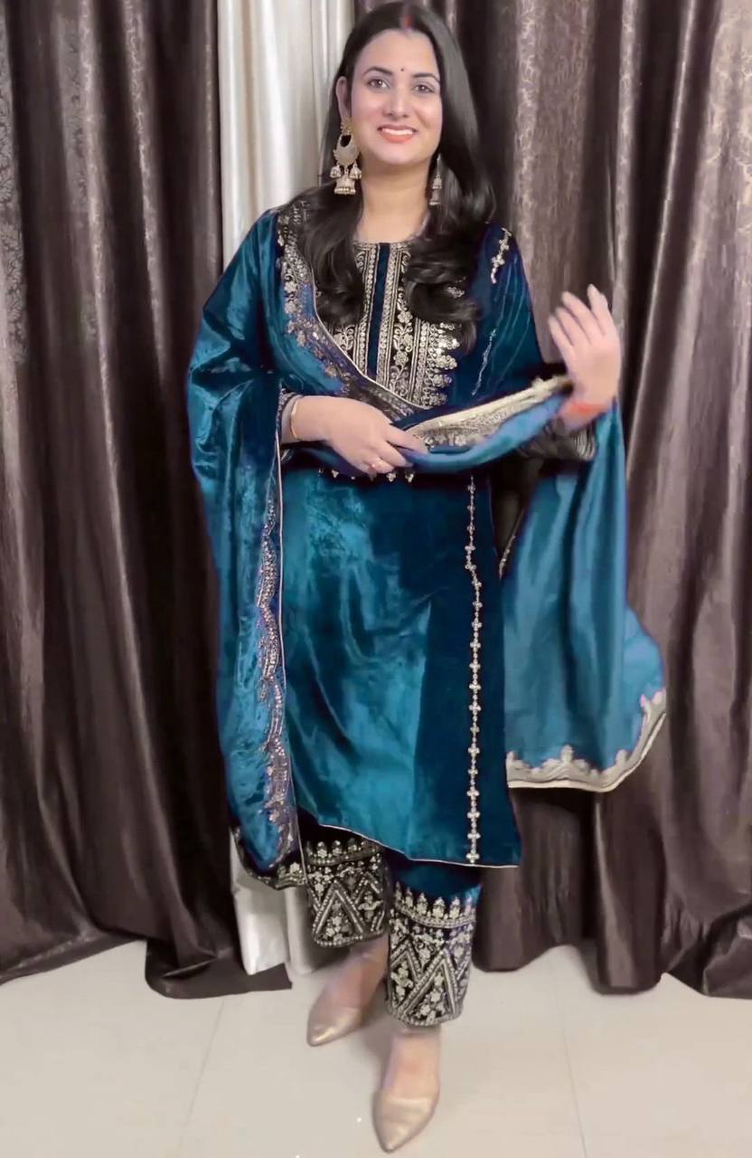 Heavy Viscose Velvet Embroidered Blue Suit Set with Dupatta – Ready-to-Wear Ethnic Outfit for Women
