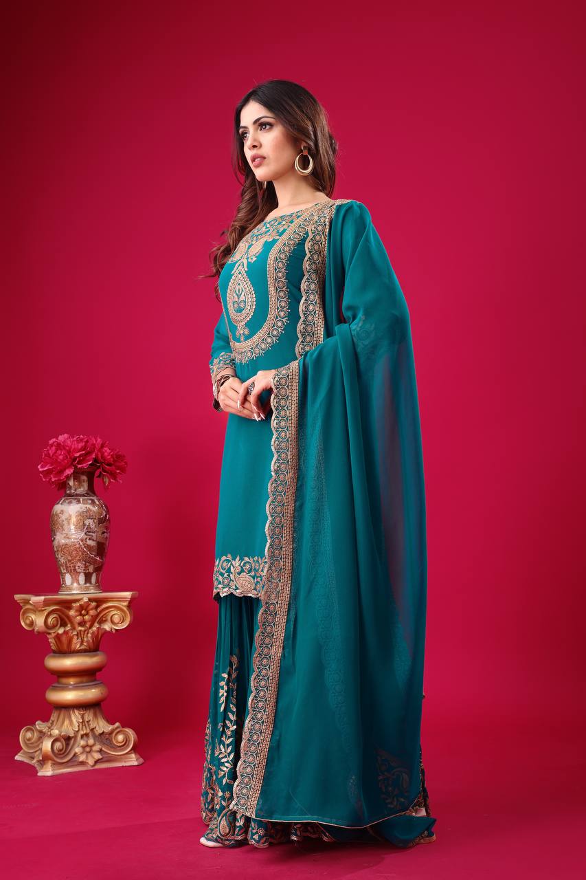 Blooming Faux Georgette Embroidered Bottle Green Co-Ord Set with Plazzo and Dupatta – Ready-to-Wear Ethnic Outfit for Women