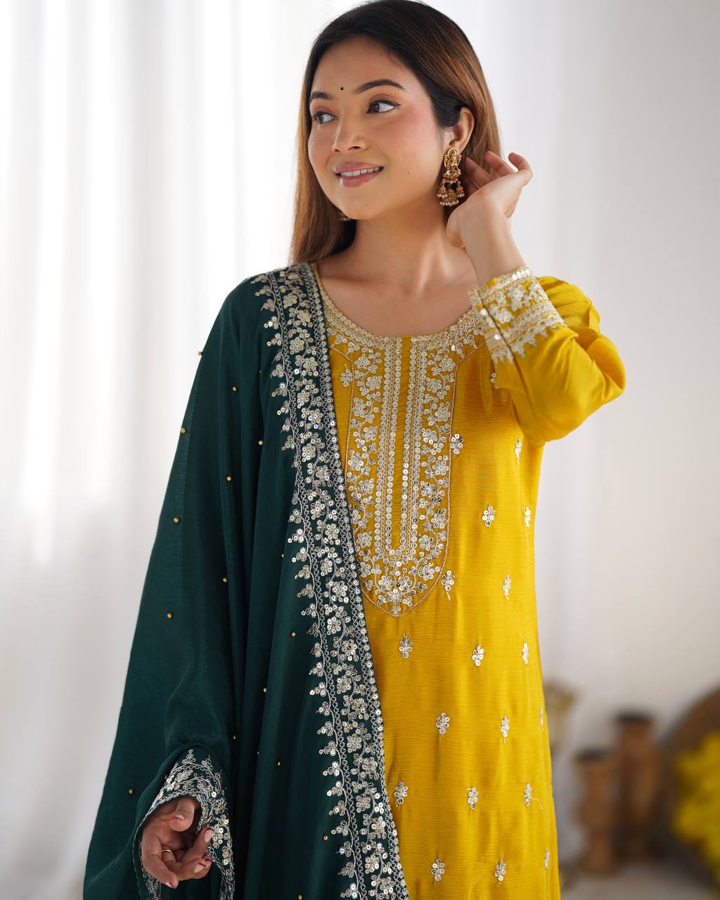 Chinnon Silk Heavy Embroidered Yellow Suit Set with Dupatta – Fully Stitched Ready to Wear