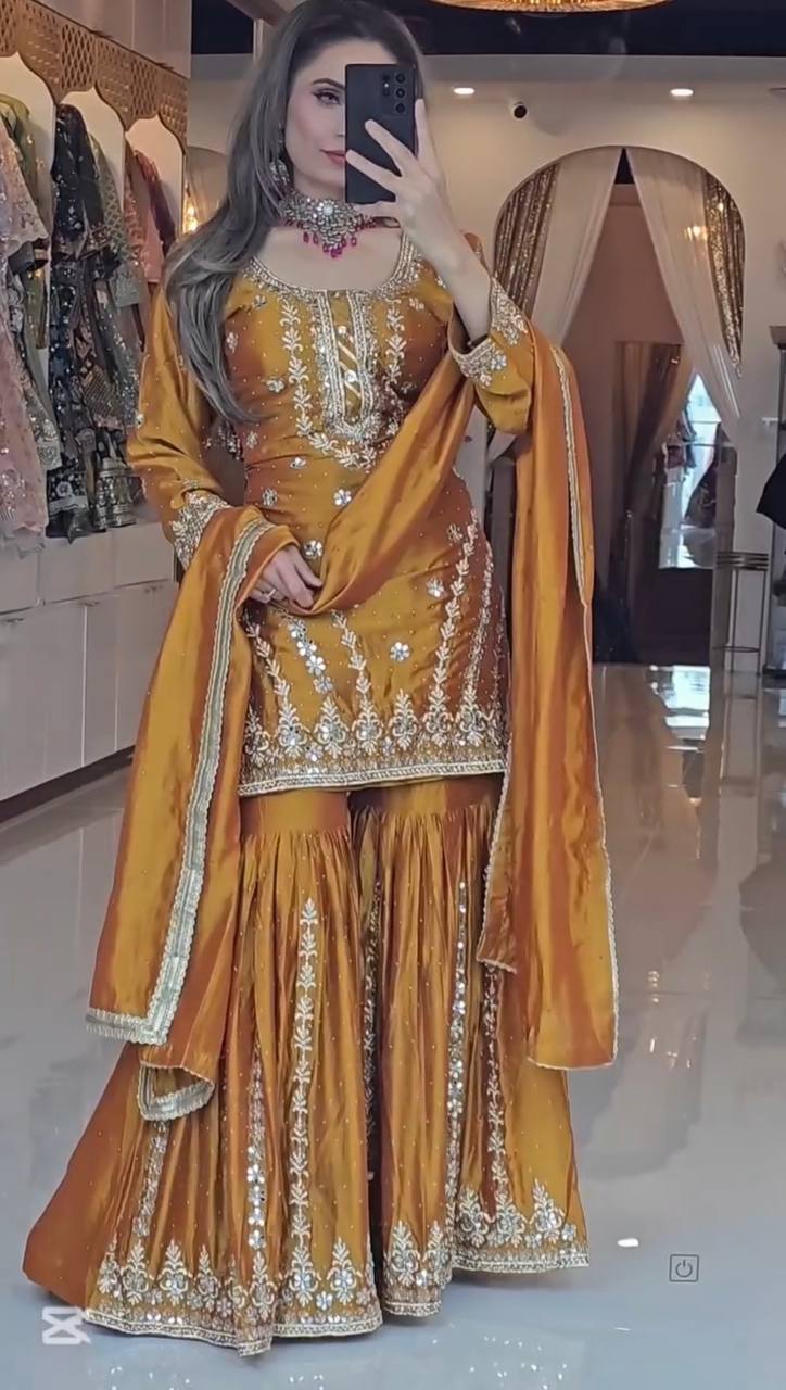 Heavy Faux Georgette Embroidered Gharara Set with Dupatta – Fully Stitched Ready to Wear