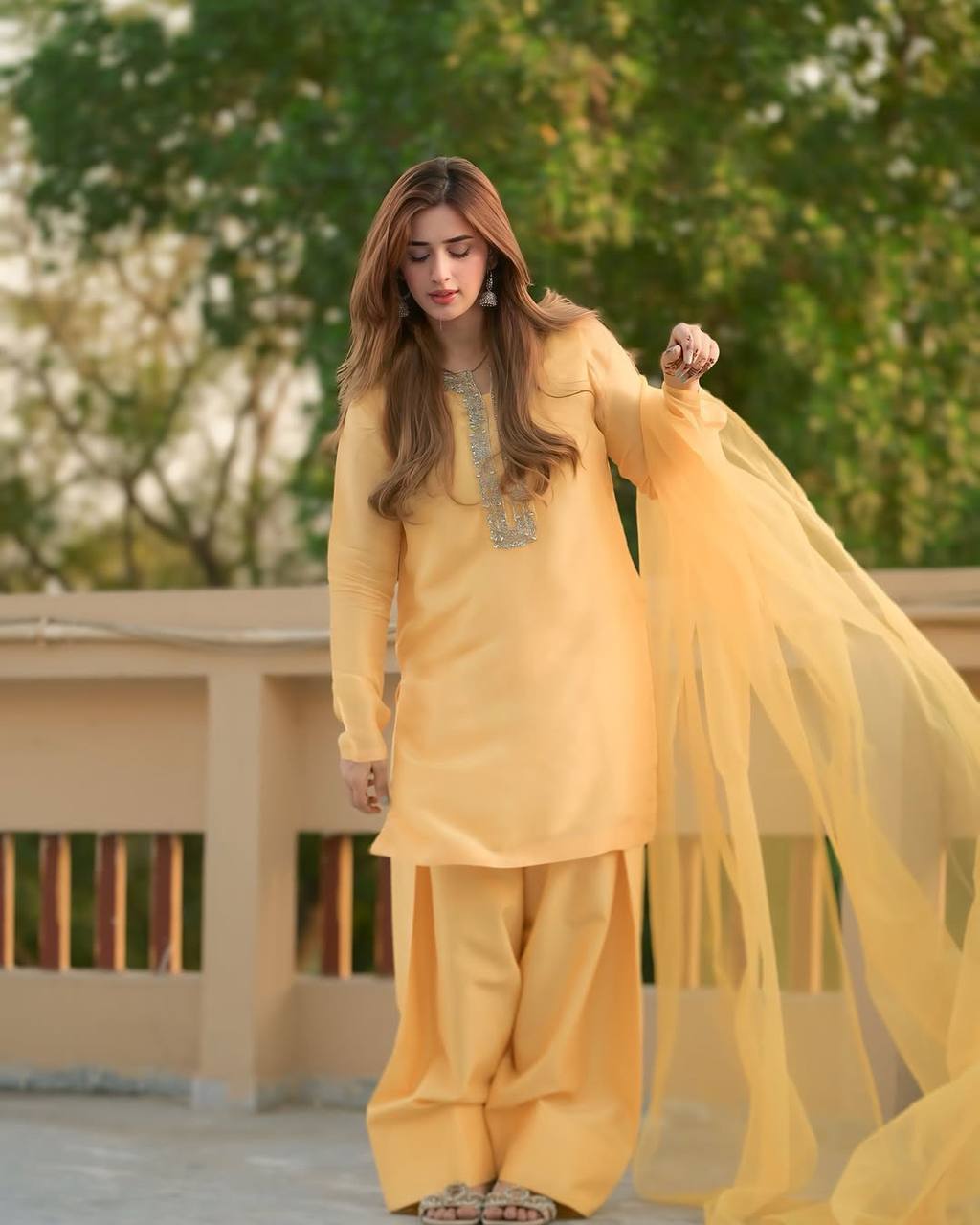 Faux Georgette Embroidered Yellow Suit with Farshi Pant and Dupatta – Fully Stitched Handwork Ethnic Set