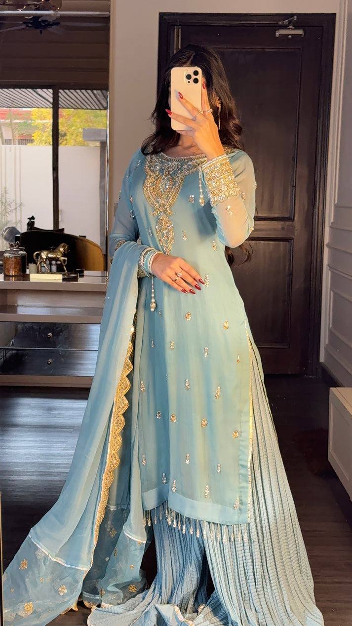 Heavy Faux Georgette Embroidered Suit Set with Plazzo and Dupatta – Fully Stitched Festive Wear for Women