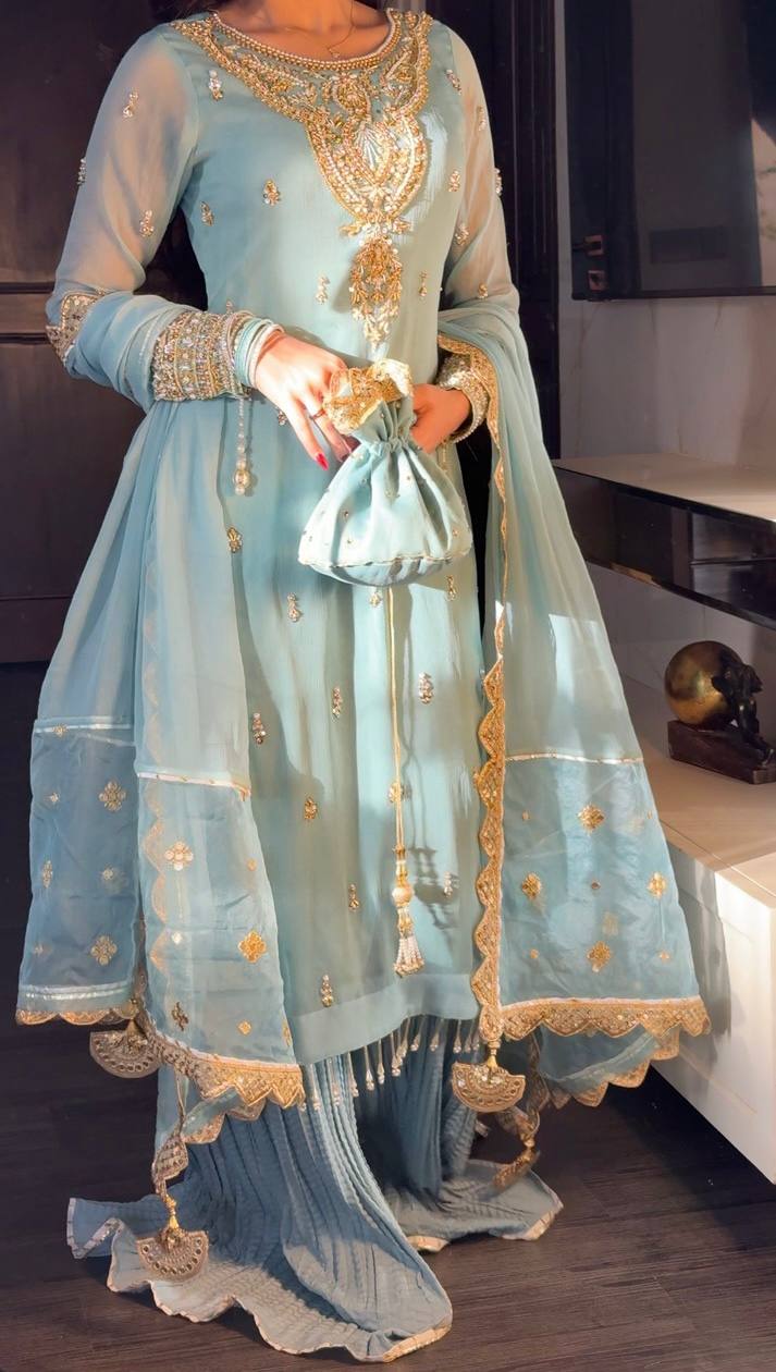 Heavy Faux Georgette Embroidered Suit Set with Plazzo and Dupatta – Fully Stitched Festive Wear for Women