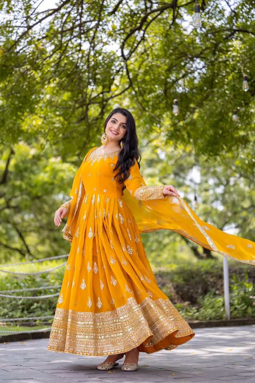 Faux Georgette Embroidered Gown Set with Dupatta – Fully Stitched Designer Ethnic Wear for Women