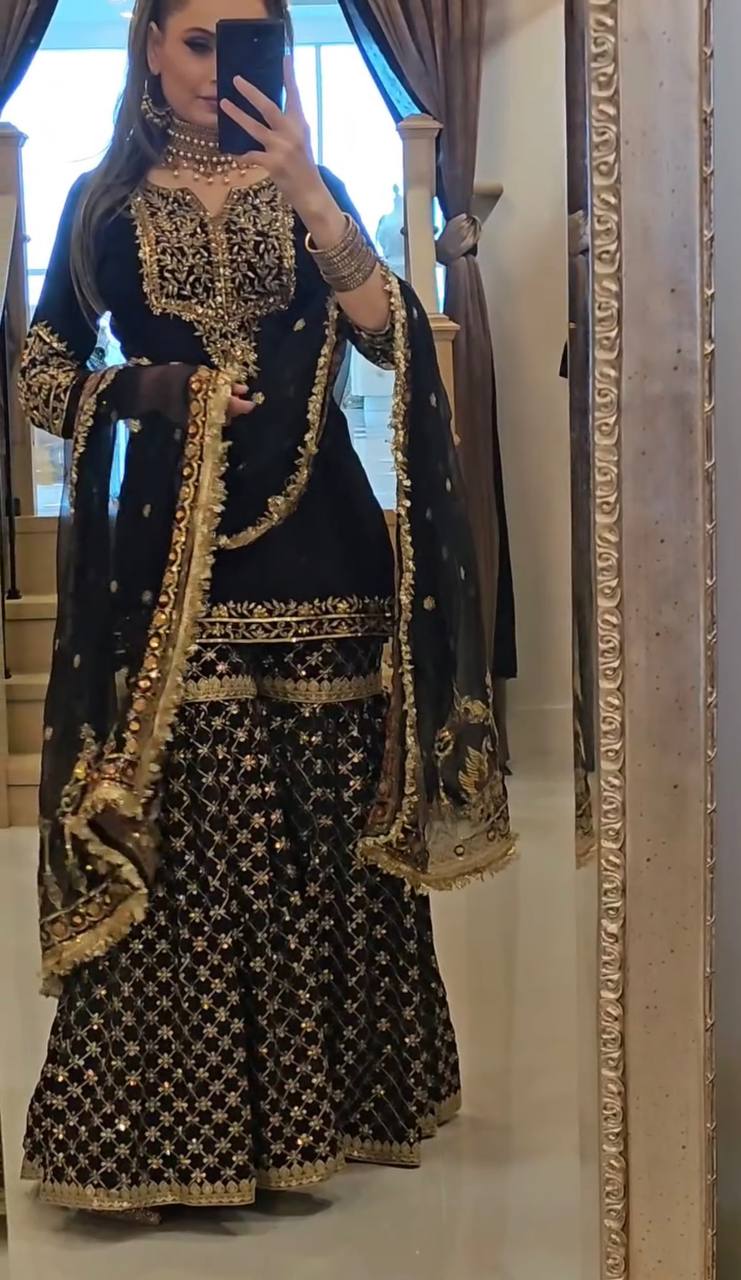 Elegant Heavy Faux Georgette Sharara Suit with Dupatta – Fully Stitched Embroidered Partywear for Women